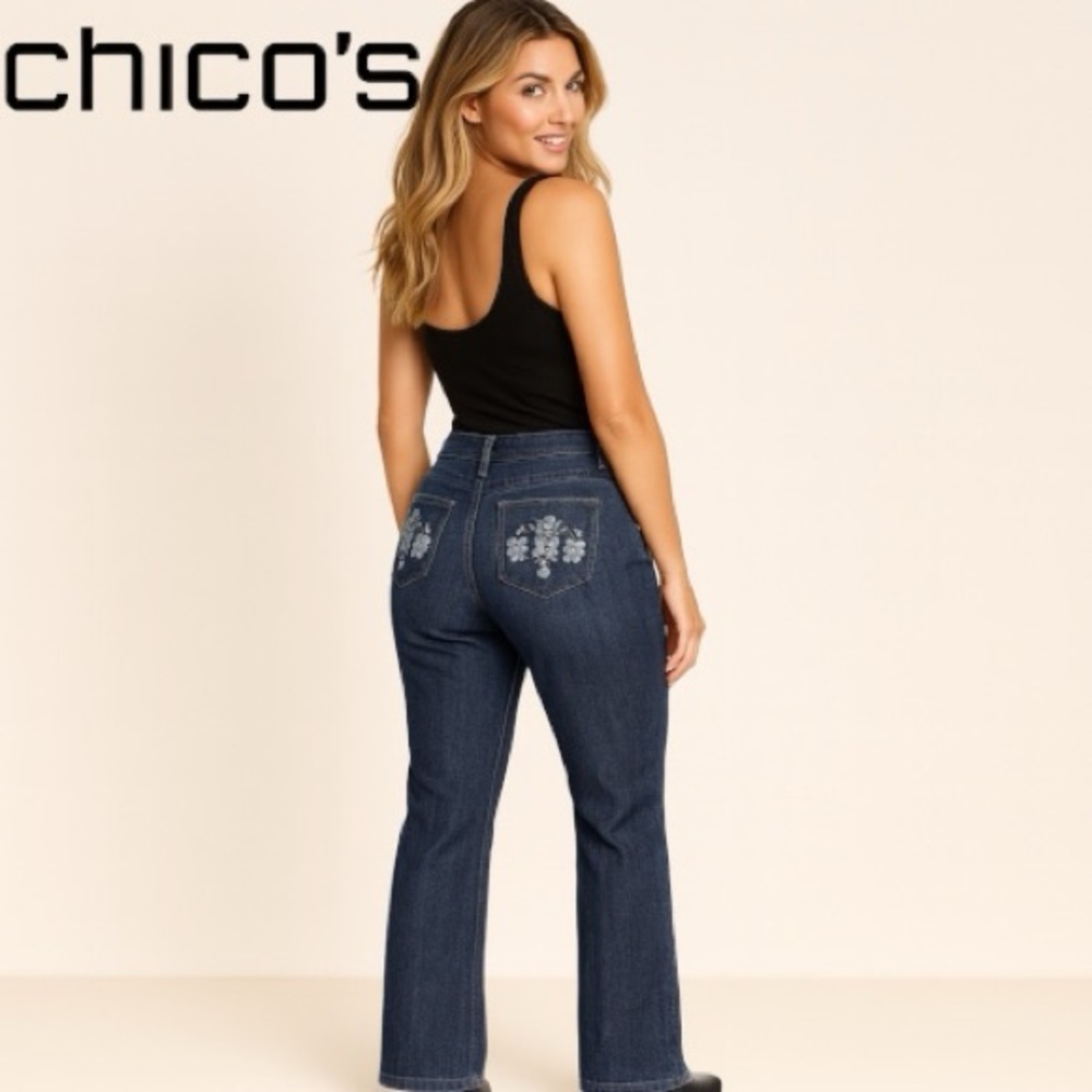 070 Chico's Dark Blue Flare Jeans with Floral Embroidery